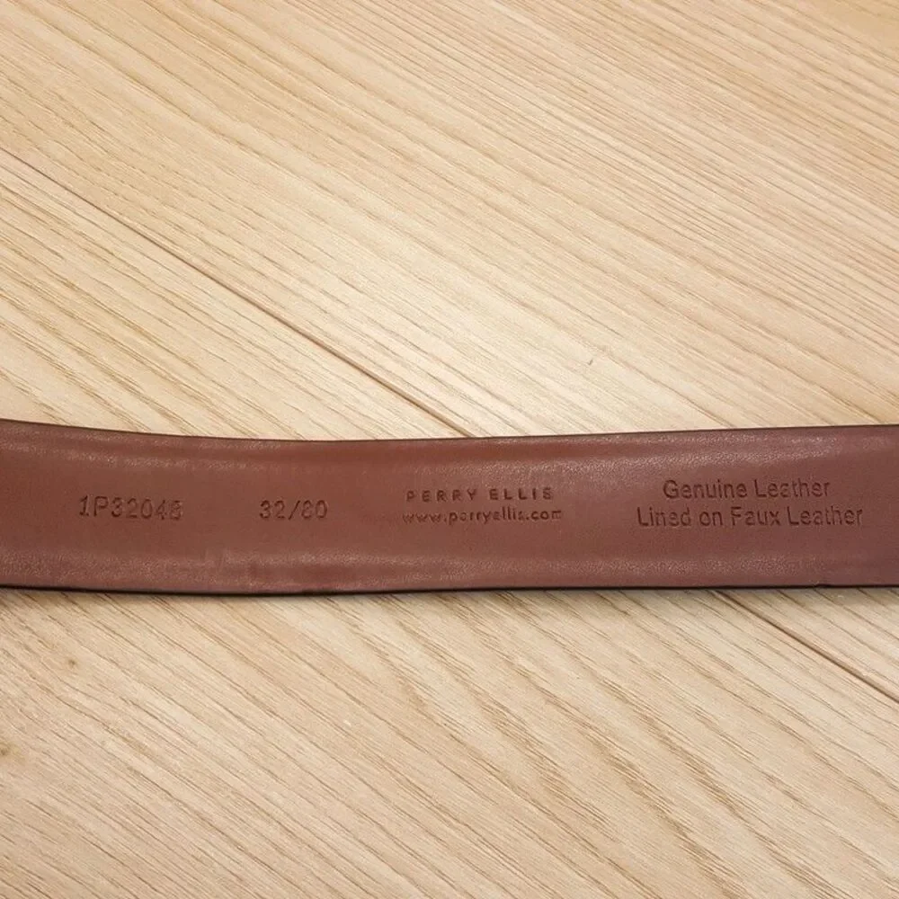PERRY ELLIS Belt Mens Size 32 Brown Burnished Edge Leather Silver Buckle